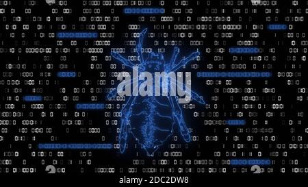 Gefährliche hellblaue Low-Poly-Spider über Binärcode-Hintergrund - stilisierte Hacker-Angriff im Matrix-Stil - Ziffern in weiß und leuchtend blau auf schwarzem Hintergrund Stockfoto