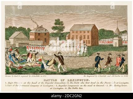 Die Schlacht von Lexington, 19. April 1775, eine der ersten Schlachten im amerikanischen Unabhängigkeitskrieg, Druck von John Warner Barber, 1831 und 1846 Stockfoto