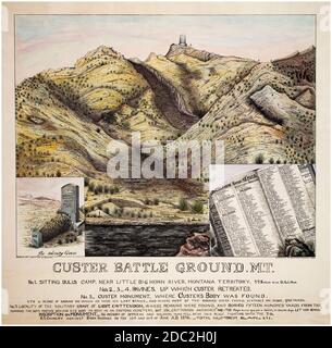 Reliefkarte der Schlacht am Kleinen Dickhorn, 25. Juni 1876, Custer's Last Stand, Vintage Infografik Druck von Walter D Russell, 1888 Stockfoto