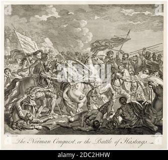 Die normannische Eroberung: Die Schlacht von Hastings, 14. Oktober 1066, Stich von Francois Vivares, Francis Hayman, Charles Grignion, um 1730-1780 Stockfoto