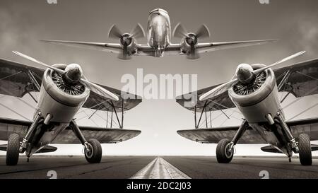 Historische Flugzeuge auf einer Landebahn Stockfoto