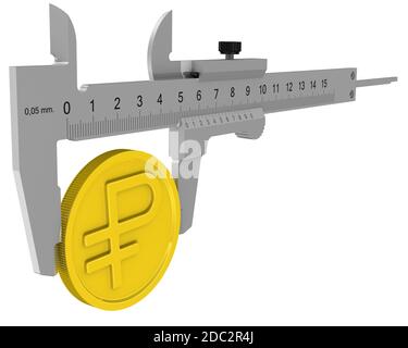 Messung des Profits in russischen Rubel. Der Bremssattel misst die goldene Münze mit dem Symbol des russischen Rubels. Finanzkonzept. 3D-Illustration Stockfoto