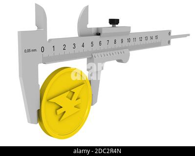 Der Bremssattel misst die goldene Münze mit dem Symbol der chinesischen Währung (Yuan). Finanzkonzept. Isoliert. 3D-Illustration Stockfoto