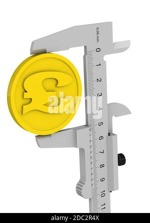 Der Bremssattel misst die goldene Münze mit dem Symbol des Britischen Pfund Sterling. Finanzkonzept. 3D-Illustration Stockfoto