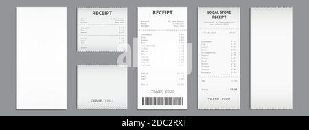 Ladenbelege, Papierbarschecks mit Barcode. Vector realistische Satz von Rechnungen, leere und gedruckte Rechnungen auf weißem Papier. Shopping Checks isoliert auf grauem Hintergrund Stock Vektor
