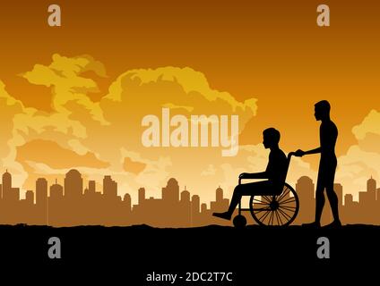 Silhouette Design des Sohnes tragen seinen Vater, der in sitzen Der Rollstuhl, Vektor-Illustration Stock Vektor