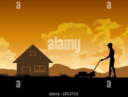 Silhouette Design des Menschen mäht Rasen, Vektor-Illustration Stock Vektor