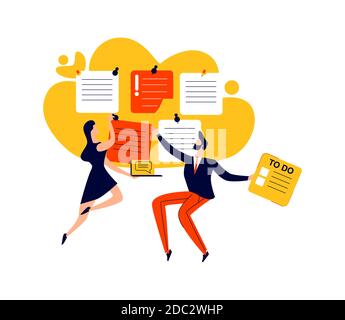Termin, Zeitmanagement und Teamarbeit Business Concept Vector. Mitarbeiter des Unternehmens mit Aufgabenkarten, effektive Planung zu tun Stock Vektor