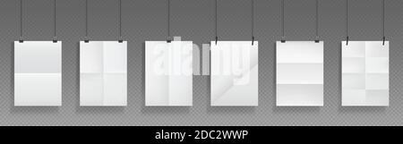 Gefaltete Blanko-Poster hängen mit Binderklammern, weißen Papierblättern mit Kreuzfalten und Haltern. Vektor realistische Vorlage von leeren zerknittert Broschüre, Flyer, Dokumentseiten mit Falten und Klammern Stock Vektor