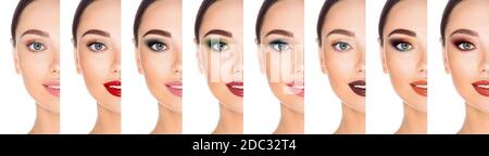 Collage verschiedene Arten von Make-up auf einer Frau Gesicht Nahaufnahme. Set, Variationen von trendigen Make-up für eine Frau mit grauen Augen Stockfoto