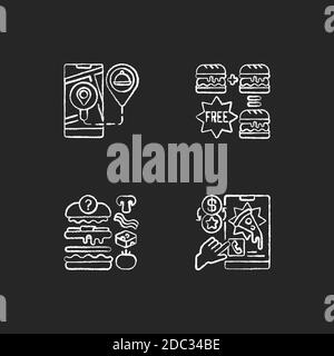 Lieferung von Lebensmitteln an Kunden Kreide weiße Symbole auf schwarz gesetzt Hintergrund Stock Vektor