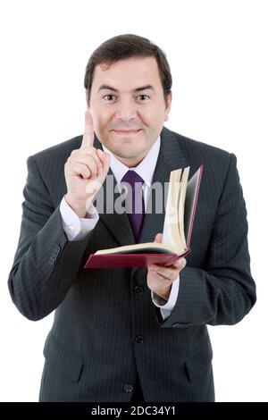 lustige Lehrer mit einem Buch, isoliert auf weiss Stockfoto