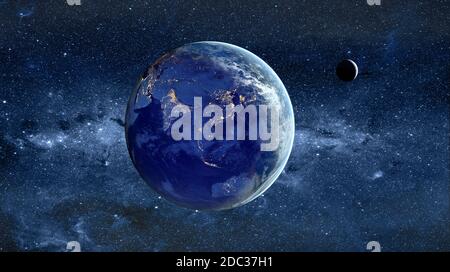 Erde und Mond im Weltraum bei Nacht mit Stadtlichtern Asien-Konzept Stockfoto