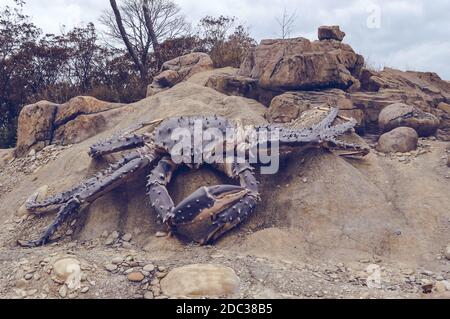 Wladiwostok, Russland - 06. Oktober 2020: Große Skulptur der Krabbe in der Nähe von Primorsky Aquarium mit bewölktem Himmel darüber Stockfoto