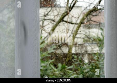 Fokus auf Regentropfen am Fenster Glas. Blurry Herbst verregnete Landschaft im Hintergrund. Stockfoto