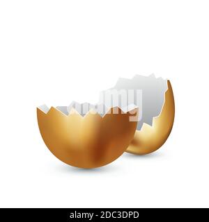 Gebrochenes goldenes osterei auf weißem Hintergrund. Gefärbte Eier. Rissige goldene Schale. Frohe ostern Konzept. Vektor, Raum für Text Stock Vektor