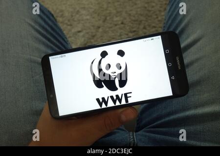 KONSKIE, POLEN - 29. Juni 2019: World Wide Fund for Nature - WWF-Logo auf Handy angezeigt Stockfoto