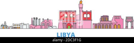 Libyen Linie Stadtbild, flache Vektor. Travel City Wahrzeichen, oultine Illustration, Linie Welt Symbole Stock Vektor
