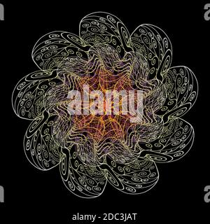 Rundes Ornamentmuster aus farbigen Doodle-Elementen auf dem Schwarz Stock Vektor