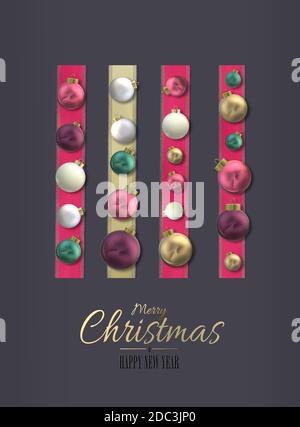 Schönes Weihnachtsdesign mit 3D realistischen Kugeln Kugeln in rosa Gold Bänder auf dunkelgrauem schwarzem Hintergrund. Gold Text Frohe Weihnachten Frohes neues Jahr. 3D-Rendering. Flach liegend elegantes festliches Dessin Stockfoto