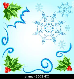 Weihnachtskarte mit frostigen Mustern, Schneeflocken und Stechblättern auf hellblau Stock Vektor