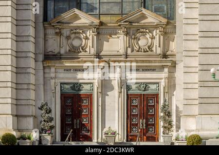 Die erste Kirche Christi, Wissenschaftler Eingang befindet sich in Manhattan, Central Park West, New York City, USA Stockfoto