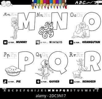 Schwarz-Weiß-Cartoon-Illustration von Großbuchstaben aus Alphabet Lernset zum Lesen und Schreiben Praxis für Kinder aus M bis R colori Stock Vektor