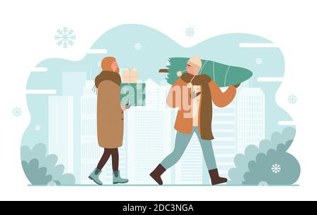 Weihnachten Verkauf Vektor Illustration. Cartoon City Street und glücklich Mann Frau Charaktere tragen Winterkleidung, Spaziergang nach dem Einkaufen mit Überraschung Geschenkboxen und Weihnachtsbaum isoliert auf weiß Stock Vektor