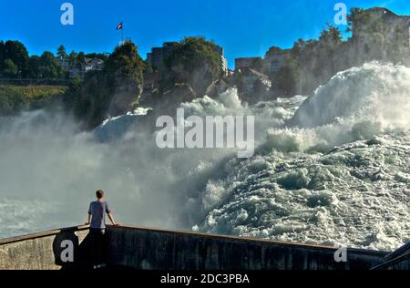 Der Rheinfall zur Zeit der Schneeschmelze in den Alpen, Laufen-Uhwiesen bei Schaffhausen, Schweiz Stockfoto