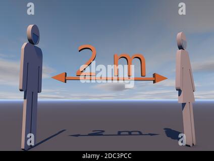Die Entfernung beträgt zwei Meter. Sicherer Abstand zwischen Menschen mit Virusinfektion. 3D-Rendering Stockfoto