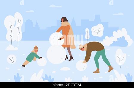 Familie Menschen machen Schneemann im Winter Schneepark Landschaft Vektor-Illustration. Cartoon Mutter, Vater und Sohn Junge Kind spielen Weihnachten Spaß Spiel Freizeit Aktivität, machen Schneemann zusammen Hintergrund Stock Vektor