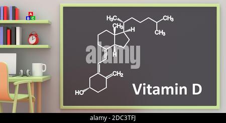 Vitamin D D3 strukturelle chemische Formel, Zeichnung auf einem Brett, Student Zimmer Hintergrund. Cholecalciferol, Colecalciferol, C27H44O-Molekül. 3d-Illustration Stockfoto