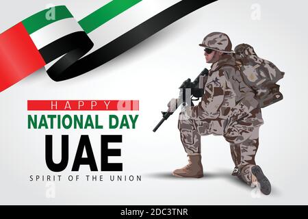Illustration des 2. Dezember Hintergrund für Happy National Day der VAE. Ein Soldat mit Waffe und Flagge. Vektorgrafik. Stock Vektor