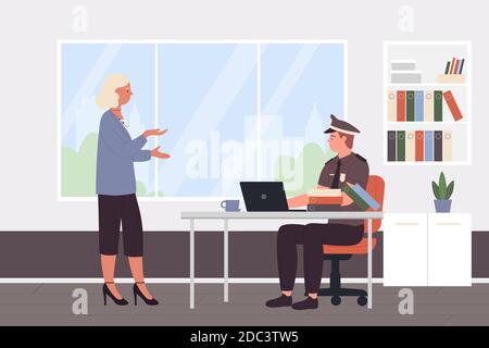 Police Officer Arbeit Vektor Illustration. Cartoon Polizist Figur sitzt am Schreibtisch in der Polizeistation Kabinettsraum Innenraum und arbeitet mit Frau Besucher, Arbeitsplatz des Detektivarbeiters Hintergrund Stock Vektor