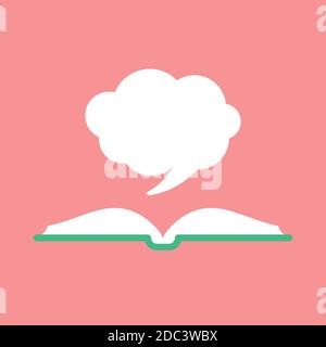 Offenes Buch mit grünem Buchdeckel und weißer Sprechblase. Isoliert auf rosa Hintergrund. Symbol für flache Anzeige. Vektordarstellung. Angebotsprotokoll Stock Vektor