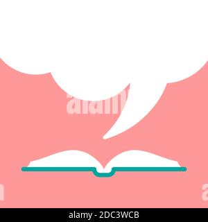 Offenes Buch mit grünem Buchdeckel und weißer Sprechblase. Isoliert auf rosa Hintergrund. Symbol für flache Anzeige. Vektordarstellung. Angebotsprotokoll Stock Vektor