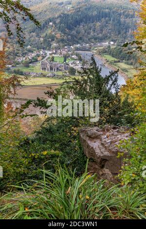 Blick auf Tintern Abbey im Wye Valley von der Devil's Pulpit auf Shorn Cliff, Tidenham Chase, Gloucestershire UK Stockfoto