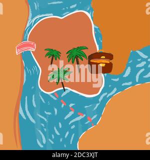 Karte von Insel und Meer mit Palmen. Brücke und Schatzkiste Stock Vektor