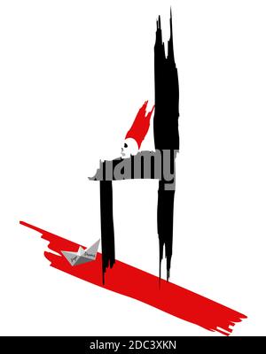 Illustration eines Schädels auf einem Stuhl sitzend und eines Papierbootes auf dem Boden für zerbrochene Träume, isoliert auf Weiß Stockfoto