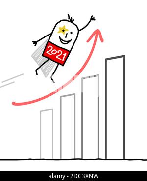 Hand gezeichnet Cartoon 2021 Super Hero mit einer optimistischen Wirtschaft Diagramm Stock Vektor