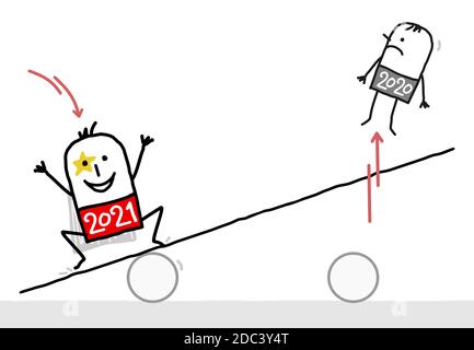 Hand gezeichnet Cartoon 2021 Super Hero Springen auf einem Teeter-Board, und stoßen einen 2020 Mann Stock Vektor