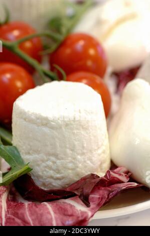 Detail von einem kleinen Ricotta-Käse in der Mitte von Andere Käse und Kirschtomaten Stockfoto