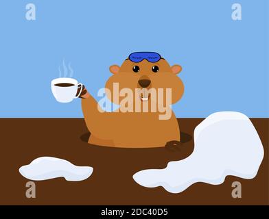 Groundhog Tag Vektor Cartoon Illustration mit niedlichen Murmeltier in Schlafmaske und Tasse Kaffee. Traditioneller Feiertagscharakter Stock Vektor