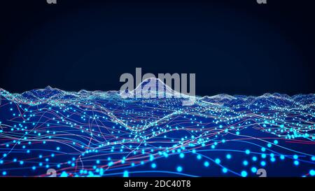 Berge und Reliefs, virtuelle Realität, Simulation. Hud. Verbindungen und Links, soziale Netzwerke. Terrain und Augmented Reality. Simulator und Land Stockfoto