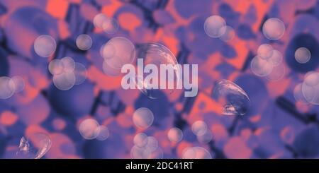 Seifenblasen in der Luft. Neonbeleuchtung. Festliche Bälle auf unscharfem Hintergrund. 3D-Rendering Stockfoto