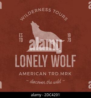 Altes Wildnislabel mit Wolf- und Typografie-Elementen. Wolf-Logo im Vintage-Stil. Druck des heulenden Wolfes. Einzigartiges Design für T-Shirts, Bekleidung. Hand Stockfoto