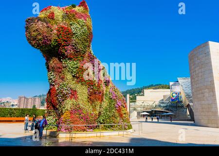 Welpe von Jeff Koons vor dem Guggenheim Museum. Bilbao, Biskaya, Baskenland, Spanien, Europa Stockfoto