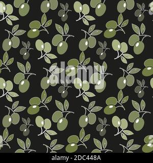 Vektor nahtlose Muster mit reifen schwarzen und grünen Oliven auf schwarz. Hintergrunddesign für Olivenöl, Naturkosmetik. Am besten zum Einwickeln von Papier. eps10 Stock Vektor