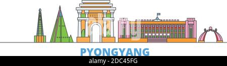 Nordkorea, Pjöngjang Linie Stadtbild, flache Vektor. Travel City Wahrzeichen, oultine Illustration, Linie Welt Symbole Stock Vektor