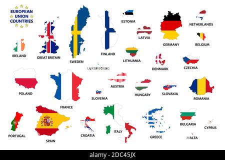 Länder der Europäischen Union mit Flaggen vor dem Brexit. Mitgliedstaaten der Europäischen Union. Einfache Vektordarstellung isoliert auf weißem Hintergrund Stock Vektor